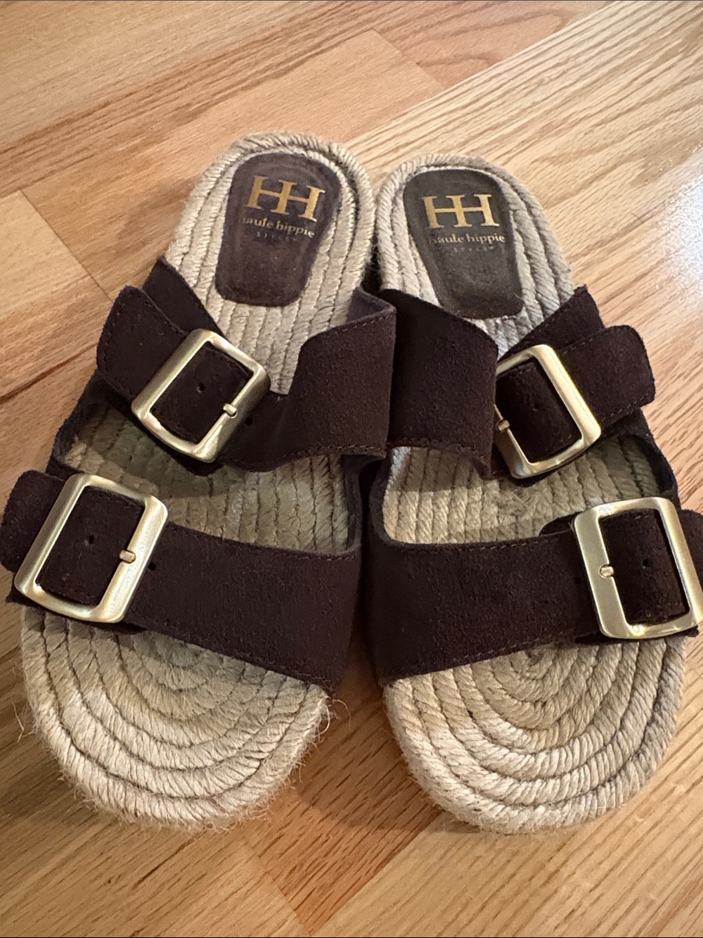 Haute Hippie Dark Brown Suede Double Buckle Slide Sandals